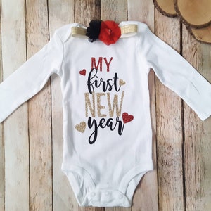 My First New Year, Baby Girl New Year&#39;s Eve Bodysuit, Red, Gold, Black, New Year&#39;s Eve Shirt, Baby&#39;s First, Black and Gold, Glitter, Sparkly
