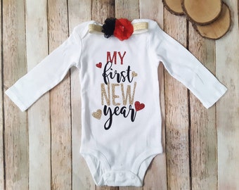 My First New Year, Baby Girl New Year's Eve Bodysuit, Red, Gold, Black, New Year's Eve Shirt, Baby's First, Black and Gold, Glitter, Sparkly