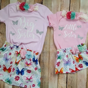 Big Sister Little Sister Outfits, Pink Sister Outfits, Sisters Matching Dresses, Butterfly Outfit, Hairbow, Shirt, Skirt, Personalized