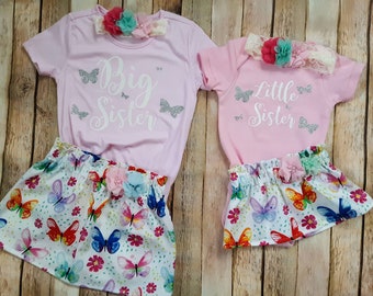 Big Sister Little Sister Outfits, Pink Sister Outfits, Sisters Matching Dresses, Butterfly Outfit, Hairbow, Shirt, Skirt, Personalized