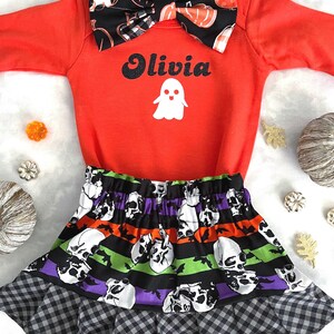 Girl&#39;s Halloween Outfit, Baby Girl Halloween Outfit, Orange, Black, Purple, Lime, Pumpkin, Skull, Ruffle, Plaid, Halloween, Toddler Outfit