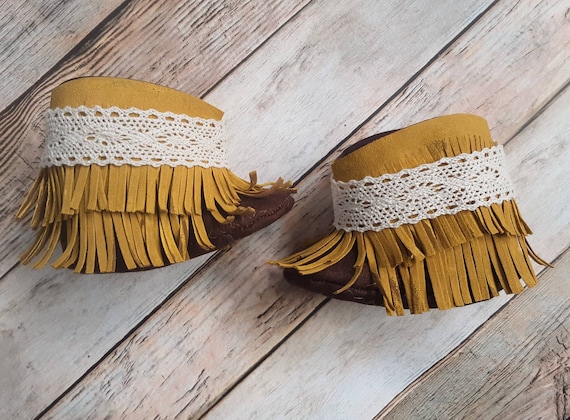 Baby Boots, Yellow and Brown Baby Booties, Moccasin Boots, Fringe