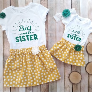 Big Sister Little Sister Matching Outfits, Mustard Yellow, Sisters Matching Dresses, Green, Hair bow, Shirt, Skirt, Personalized, Gift Set