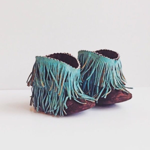 Turquoise Baby Boots, Baby Western Booties Shabby Chic Fringe Turquoise and Brown Western Boots, Cowboy Boots, Baby Moccasin Fringe Boots