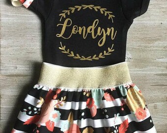 Black and Gold Personalized Outfit, Newborn Outfit, Big Sister Outfit, Black and Gold, Dress, Floral, Hairbow, Shirt, Skirt, Personalized