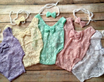 Newborn lace bodysuit, newborn pictures outfit, newborn lace romper, newborn picture props, blush pink, mint green, Ivory, light purple