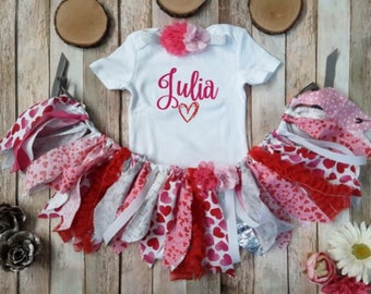 Baby Girl Valentine's Outfit, Hearts, Personalized, Valentine's Tutu, Red, Pink, Silver, Toddler Valentine's Outfit, Valentine's Day Skirt