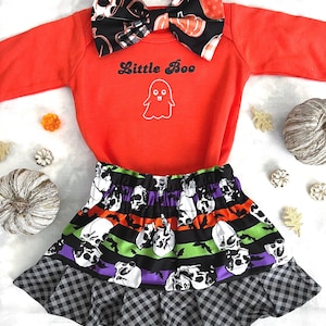 Girl&#39;s Halloween Outfit, Baby Girl Halloween Outfit, Orange, Black, Purple, Lime, Pumpkin, Skull, Ruffle, Plaid, Halloween, Toddler Outfit