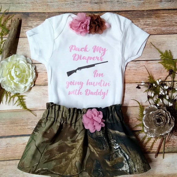 Pack My Diapers I'm Going Hunting With Daddy, Camouflage, Baby Girl Outfit, Newborn Gift, Personalized Baby Girl Outfit, Father's Day