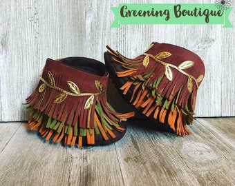 Stivali da bambino a colori autunnali, stivaletti western per bambini Shabby Chic frangia Borgogna, arancio bruciato e stivali mocassino da bambino verde oliva, scarpe da bambino unisex