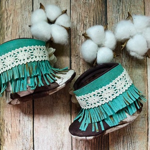 Cow Print Fringe baby boots, Cowgirl Booties, Cow print and Turquoise Boots, Baby Fringe Booties, Cow Baby Boots, Lace, Fringe Baby Booties