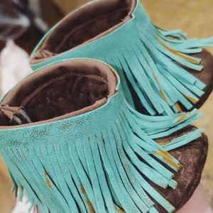 Baby Boots, Baby Western Booties Shabby Chic Fringe Turquoise and Brown Baby Western Boots, Cowboy Boots, Fringe Boots, Baby moccasin boots image 9