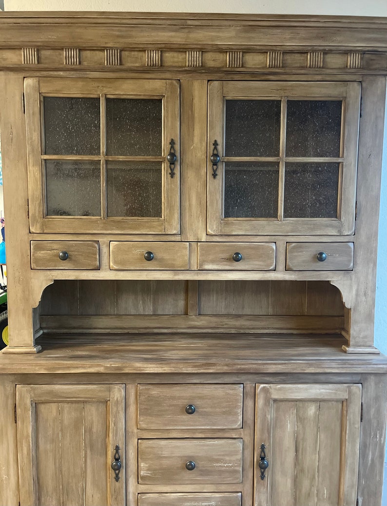 French country hutch cabinet/farmhouse hutch/modern farmhouse/ welsh sideboard/ breakfront/distressed wood hutch/shaker hutch image 3