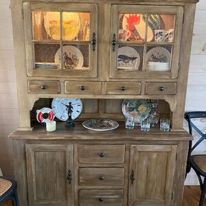 French country hutch cabinet/farmhouse hutch/modern farmhouse/ welsh sideboard/ breakfront/distressed wood hutch/shaker hutch image 6