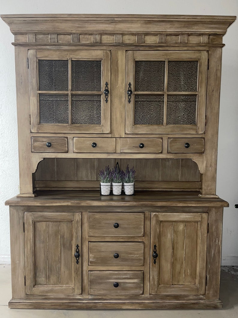 French country hutch cabinet/farmhouse hutch/modern farmhouse/ welsh sideboard/ breakfront/distressed wood hutch/shaker hutch image 1