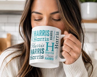 Personalized Name Word Cloud Mug, Custom Initial Coffee Cup, Teal Typography 15oz