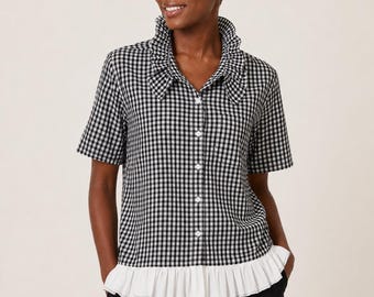 Reworked Black & White Gingham Ruffle Collar Shirt – Women’s Upcycled Button-Up Top