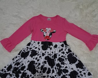 Girl toddler cow dress, cow color block dress twirl dress, toddler dress