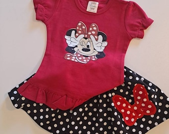 Minnie Mouse Skirt Set: Applique Bow, Twirl Skirt