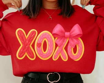 XOXO Faux Yarn Sweatshirt Pink Bow Valentine Shirt Cozy Love Crewneck