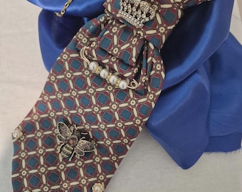 Handmade Statement Tie Necklace, Pearl Bee Brooch, Regal Style Accessory