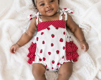 Handmade Strawberry Bubble Romper, Red Polka Dot Ruffle Sleeves, Summer Baby Outfit