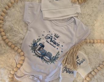 Baby Boy Prince Outfit Set, "The Prince Has Arrived" Bodysuit, Hat, Mittens