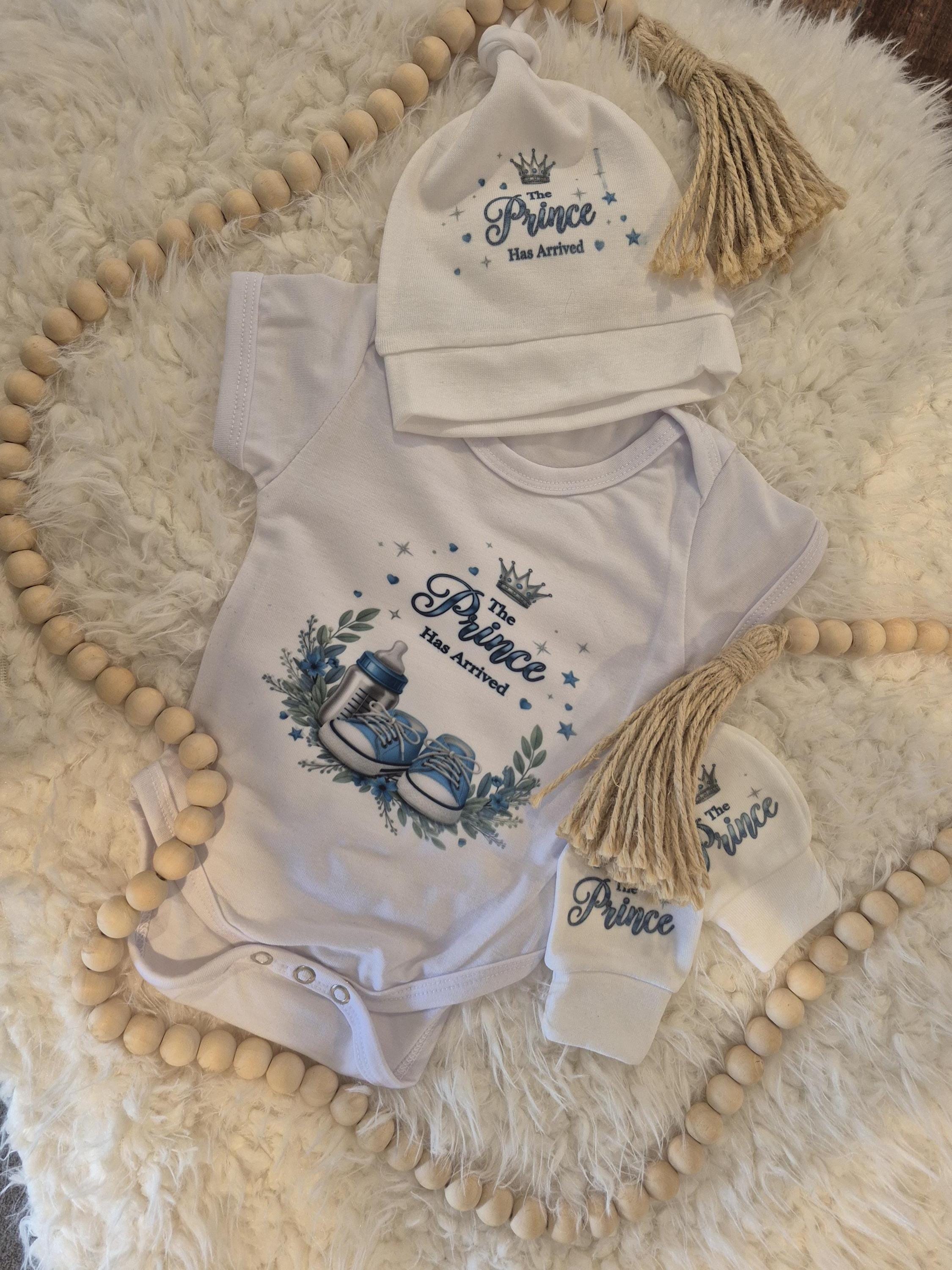 Baby Boy Prince Outfit Set, "The Prince Has Arrived" Bodysuit, Hat, Mittens