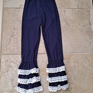 Girl ruffle pants,girl 3 layer ruffle pants blue and white ruffle pants school pants, causal pants with 3 layer ruffles at legs,girl legging