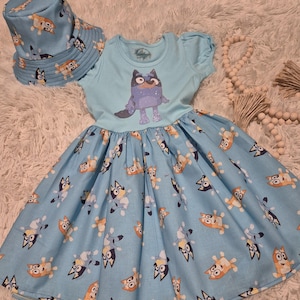 Bluey Inspired Cotton Dress with Bucket Hat: Handmade Toddler Outfit