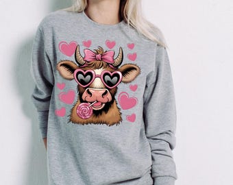 Valentine Highland Cow Sweatshirt | Pink Coquette Cow Crewneck | Cute Valentine Gift | Women’s Graphic Sweatshirt