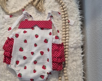 Handmade Strawberry Ruffle Sleeve Baby Romper, Red Polka Dot Summer Outfit