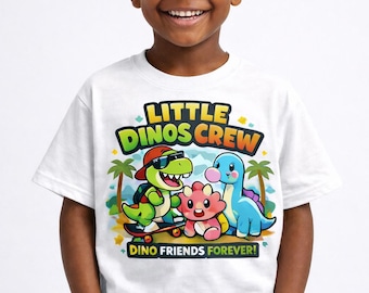 Little Dinos Crew Kids T-Shirt, Cartoon Dinosaur Friends Tee, Toddler Boys Girls Shirt