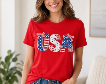 USA Patriotic Patchwork Graphic T-Shirt – Red Short Sleeve Tee