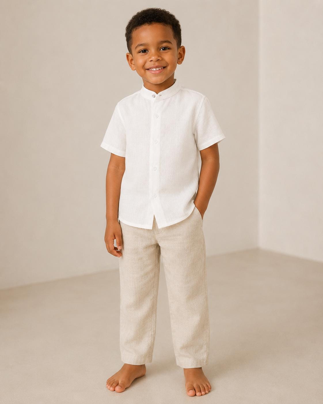 Boys' White Linen Short-Sleeve Button-Up Shirt