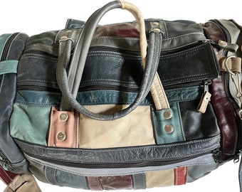 ViNtage 70's mod HiPPie muLti-coLor paTchwoRk LeatheR WeekeNdeR caRRy-oN duffLe gyM oveRnight tRaveL baG