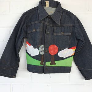 1970's MoD ArT KiDs JEaN JacKeT EmBRoiDeReD APPLiQue GRaiNy DeNiM sHiRt SToRy JacKeT USA image 7