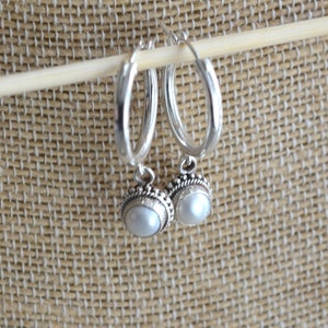 Pearl Hoop Earrings Small, Pearl Earrings, Sterling Silver Hoop Earrings with Pearl Charm, Hinged Hoop Earrings, Huggie Hoop Earrings, BS22