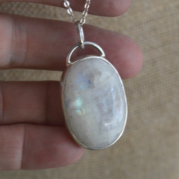 Moonstone Necklace, Large Sterling Silver Oval Rainbow Moonstone Pendant, Beautiful Oval Pendant, Fine Cable Chain, Choose Length, BS20-0710