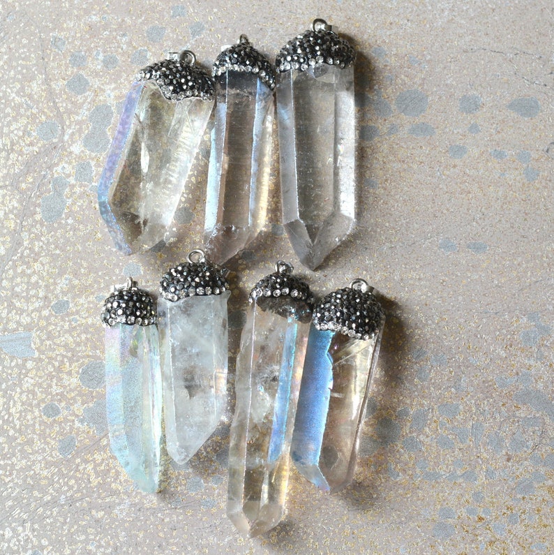 Angel Aura Quartz Healing Crystal Mystical Jewelry HAS170113B Large Crystal Point Pendant 1- Aura Quartz Crystal Pendant Rhinestone Pave