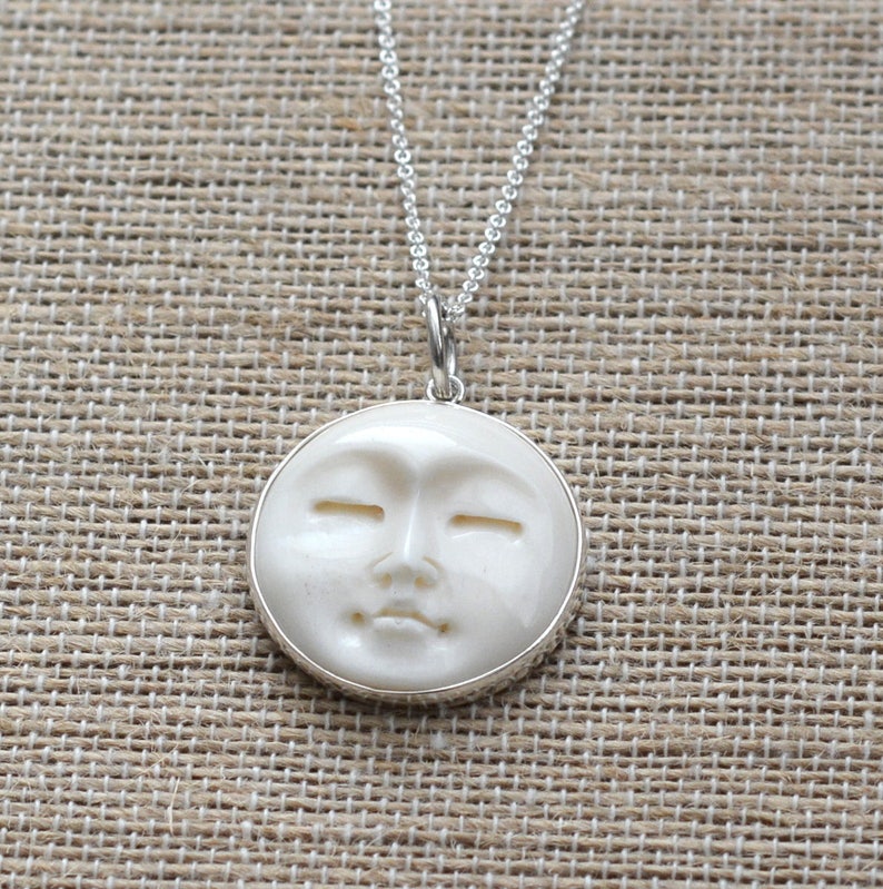 1-25mm Sterling Silver and Carved Bone Moon Face Necklace BS171124Z Silver Rolo Chain Moon Face Jewelry Carved Bone Moon Face Pendant