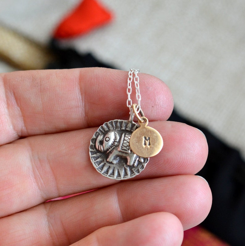 AL18 Choose Length Karen Hill Tribe Charms Sterling Silver Elephant Necklace With Personalized Bronze Initial Fine Silver Cable Chain