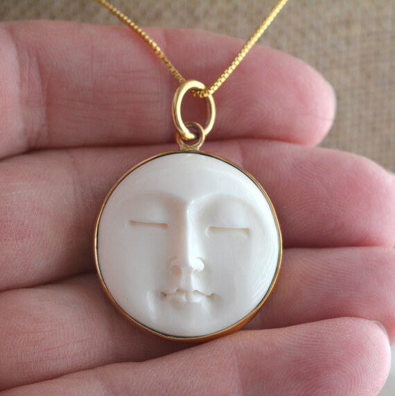 Carved Bone Moon Face Necklace Carved 