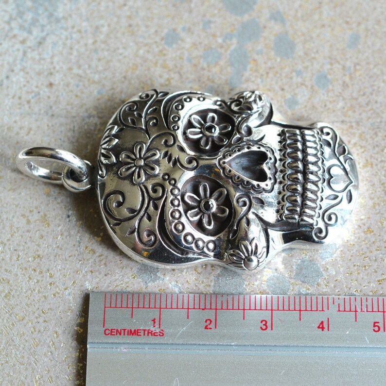 Day of the Dead 1-50mm Large Sterling Silver Carved Sugar Skull Pendant Onyx Gemstone Eyes GS18-0113G Statement Pendant Skull Jewelry