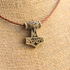 Natural Bronze Hammer Of Thor Necklace, Men&#39;s Viking Jewelry, Thor&#39;s Hammer, Mjolnir Necklace, Norse Pendant, Faux Leather Cord, BS22