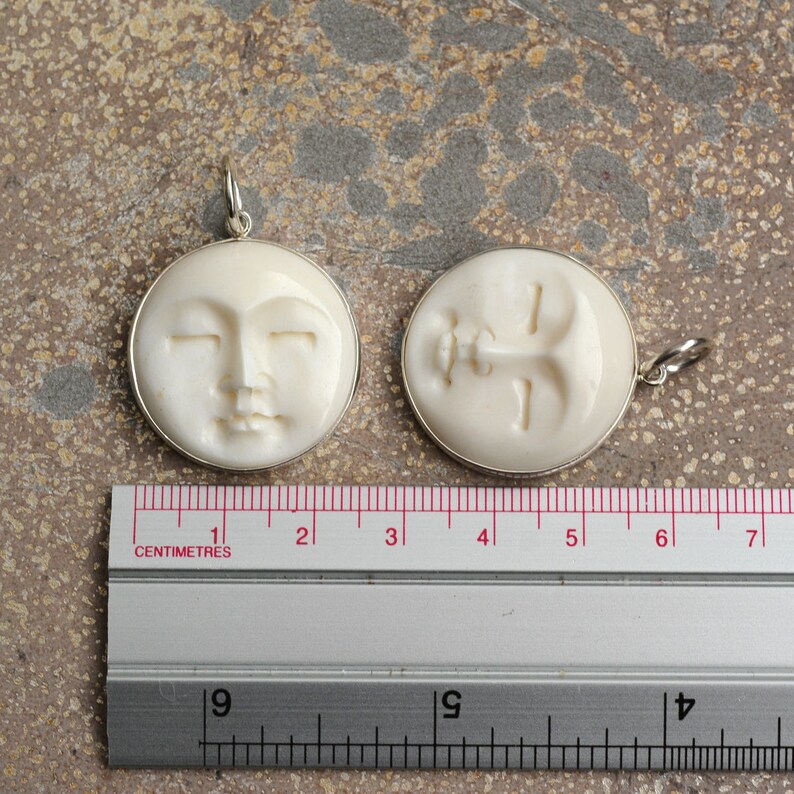 1-25mm Sterling Silver and Carved Bone Moon Face Necklace BS171124Z Silver Rolo Chain Moon Face Jewelry Carved Bone Moon Face Pendant