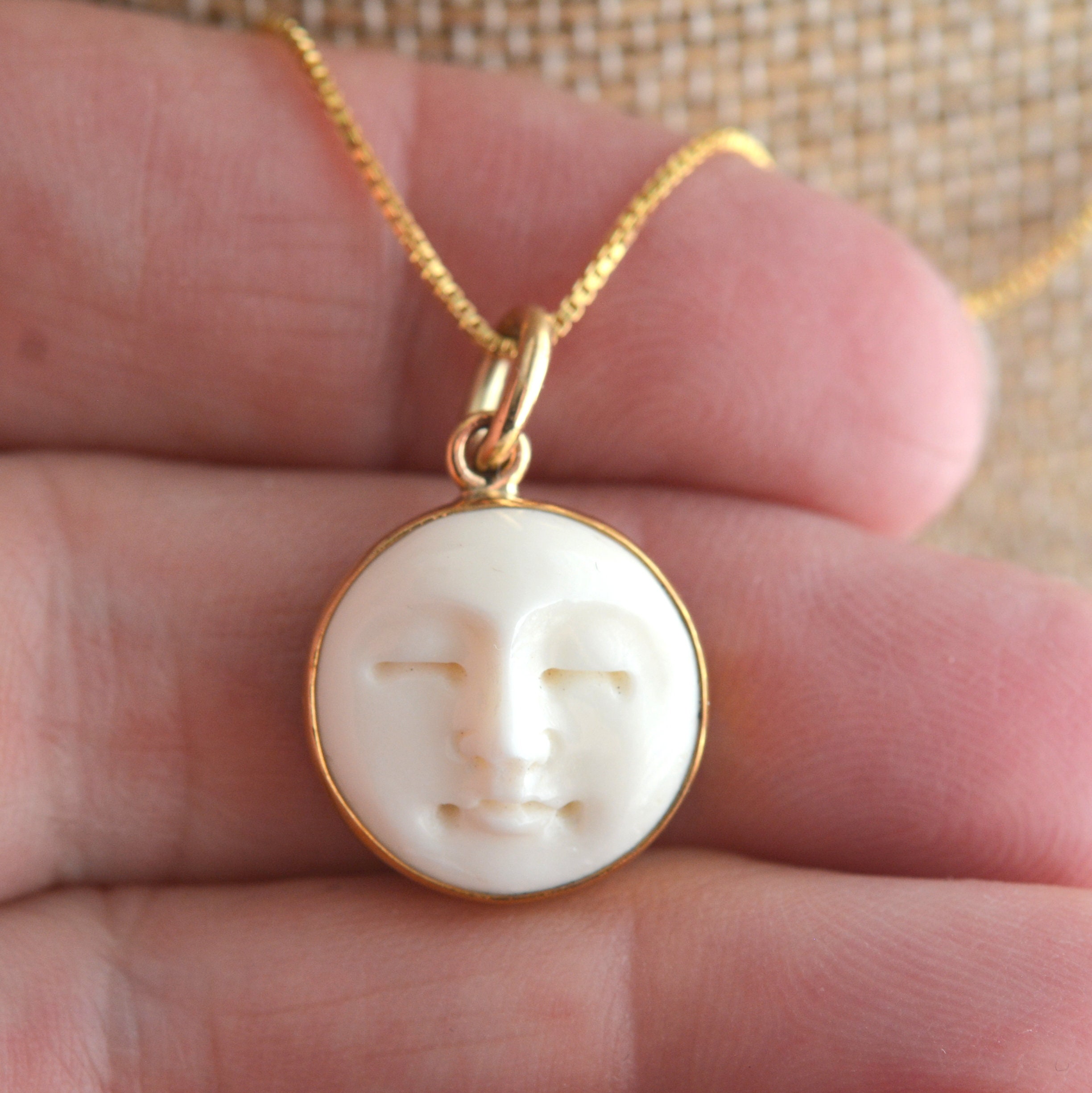 Carved Bone Moon Face Necklace Carved Bone Moon Face Pendant Bronze Setting 14K Gold Filled Box Chain Moon Face Jewelry BS21 0416
