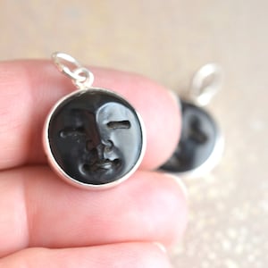 Carved Black Horn Moon Face Pendant, Sterling Silver Carved Horn Moon Face Pendant, Moon Face Jewelry, 15mm Round Black Moon Face, BS20-0