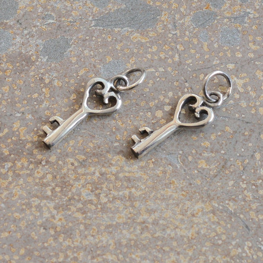Small Sterling Silver Key Charms Tiny Key Charm With Heart Etsy