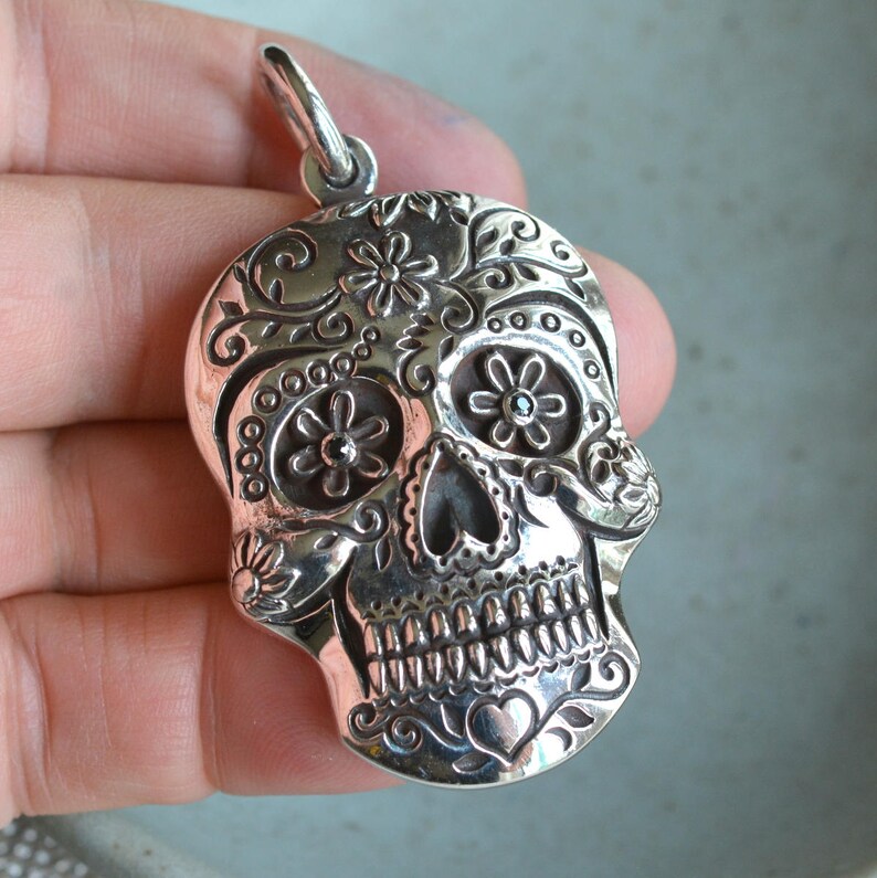 Day of the Dead 1-50mm Large Sterling Silver Carved Sugar Skull Pendant Onyx Gemstone Eyes GS18-0113G Statement Pendant Skull Jewelry